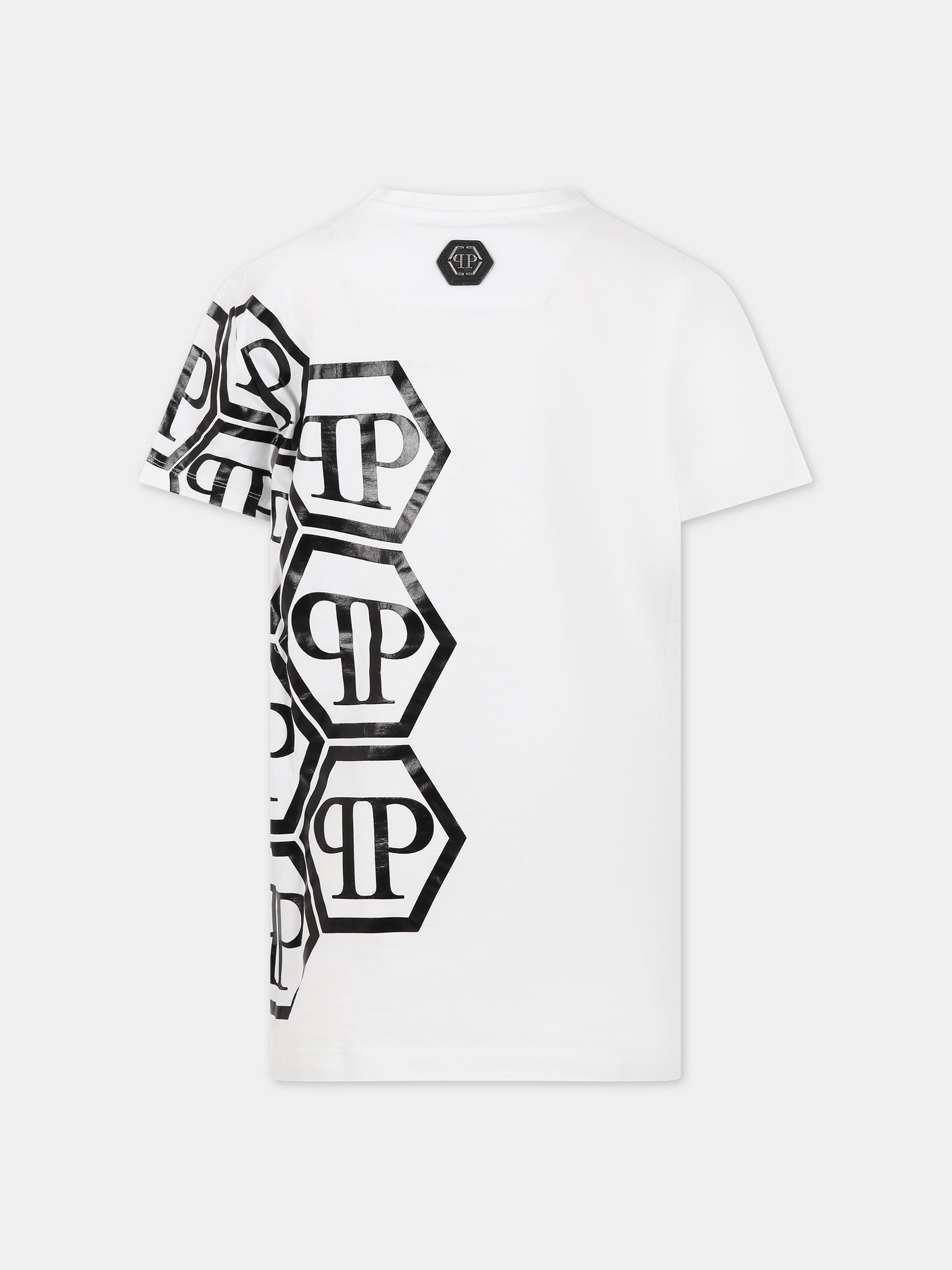 T-shirt bianca per bambino con teschio e logo,Philipp Plein Junior,2PM002 LAA24 10101