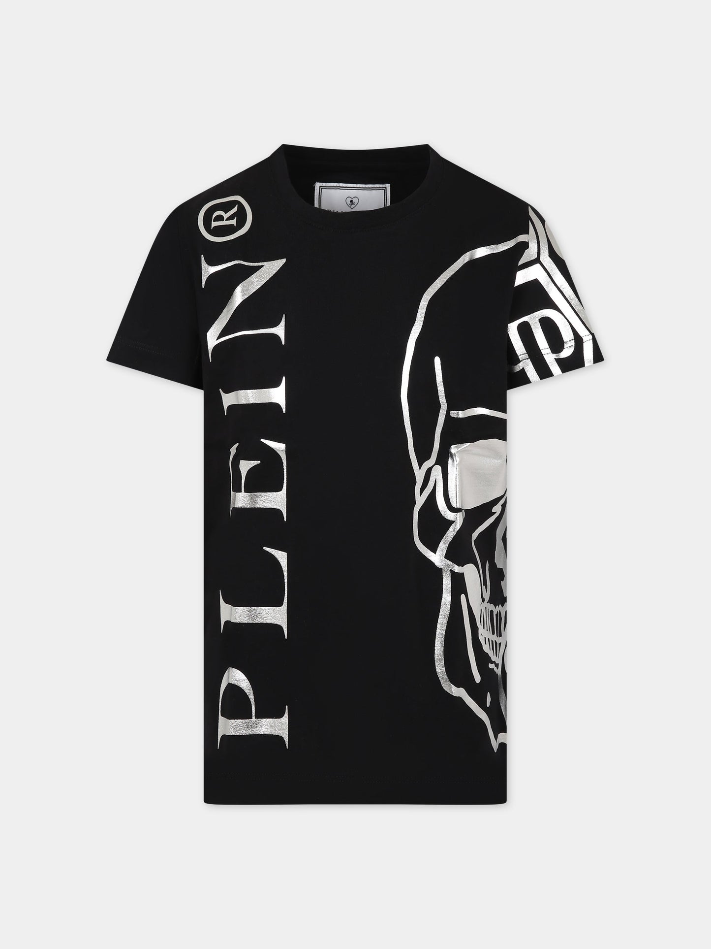 T-shirt nera per bambino con teschio e logo,Philipp Plein Junior,2PM002 LAA24 60100