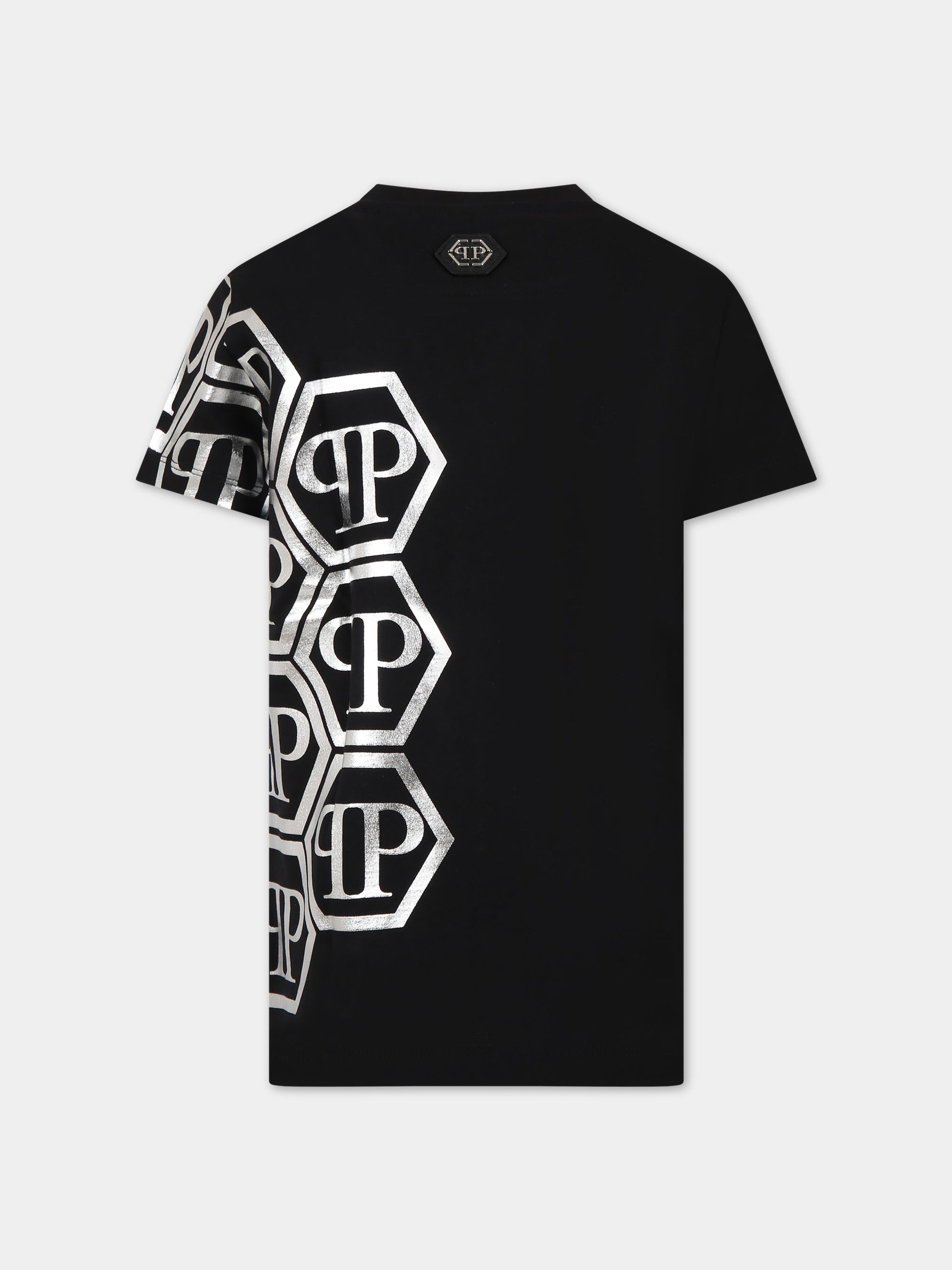 T-shirt nera per bambino con teschio e logo,Philipp Plein Junior,2PM002 LAA24 60100