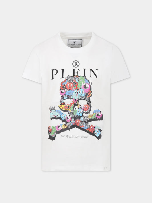 T-shirt bianca per bambino con teschio multicolor e logo,Philipp Plein Junior,2PM003 LAA24 10101