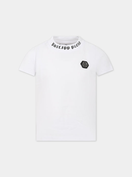 T-shirt bianca per bambino con teschio e logo,Philipp Plein Junior,2UM00B LAA26 10101