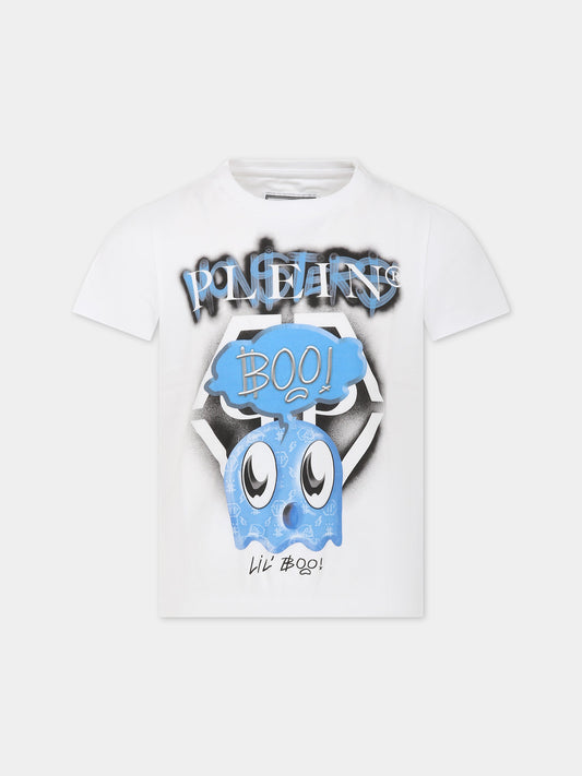 T-shirt bianca per bambino con stampa e logo,Philipp Plein Junior,25M001 LBA01 10101