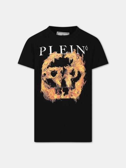 T-shirt nera per bambino con logo e fiamme,Philipp Plein Junior,27M001 LBA10 60100