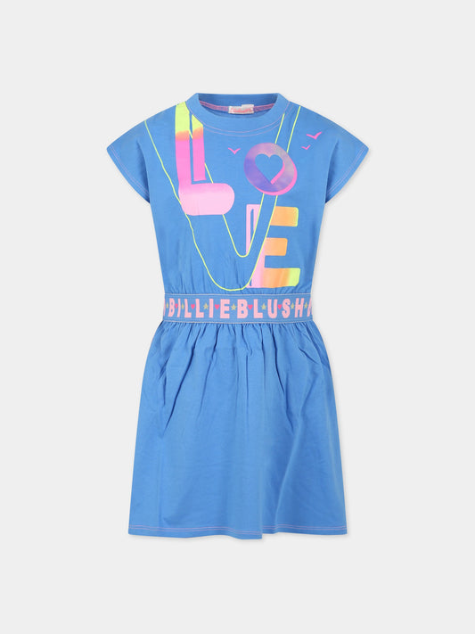 Vestito blu per bambina con stampa e logo,Billieblush,U12807 784